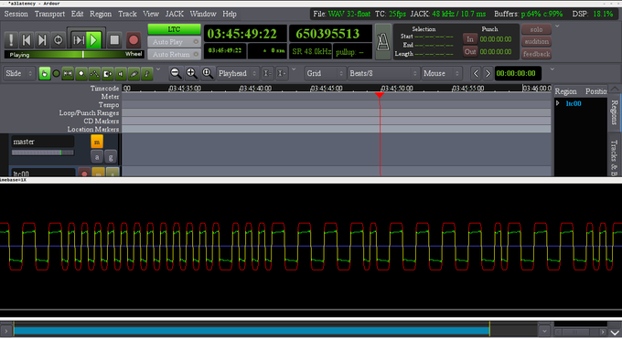 Screenshot showing A3 with incoming(green) and re-generated(red) LTC waveform